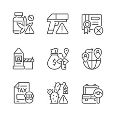 Illicit import and its prevention linear icons set. Weapon trade. Goods smuggling. Customizable thin line contour symbols. Isolated vector outline illustrations. Editable stroke. Pixel perfect