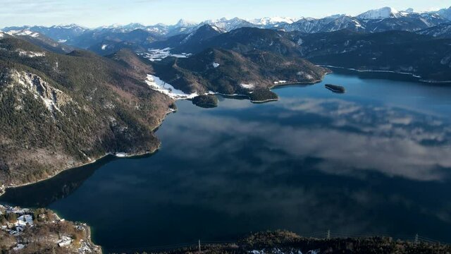 Walchensee Aerial drone shot in 4k, winter in Bavaria, Germany, Europe, alps