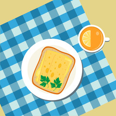 Delicious and healthy food. Breakfast, a cup of tea with lemon and a sandwich with cheese and parsley. Vector illustration