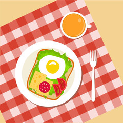 Delicious and healthy food. Breakfast, a cup of tea, an egg and a sandwich with cheese and tomatoes. Vector illustration