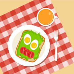 Delicious and healthy food. Breakfast, a cup of tea, an egg and a sandwich with cheese and tomatoes. Vector illustration