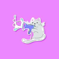  Cats with love Speaker. Cute cat for Valentine's day. Draw vector illustration design banner funny cat.Doodle cartoon style.