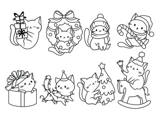 Set of Christmas cat. Collection of cute different holiday kitten with horn deer, tree toys, holiday costume. Happy New Year. Vector illustration for holiday cards.