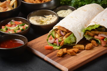 Shawarma Rolled Sandwich with Sauce and vegetables, Arab Traditional Food. Shawarma Doner kebab wrap with chicken, fries and pickles. Israeli Traditional homemade Shawarma on wooden cutting board.
