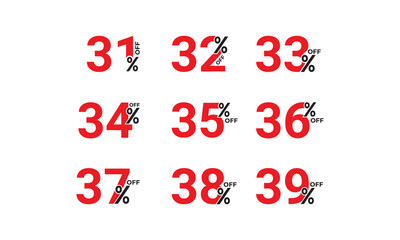 Discount sale off tag, 31, 32, 33, 34, 35, 36, 37, 38 and 39 percent off. Sale tags set vector badges template. Sale offer price sign. Special offer symbol. Discount promotion. Vector illustration