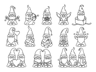 Set of Valentine's garden gnomes. Collection of lovely gnomes with hearts. Gnome couple with funny hats. Romantic cute elves. Illustration of holidays dwarf. Love symbol.
