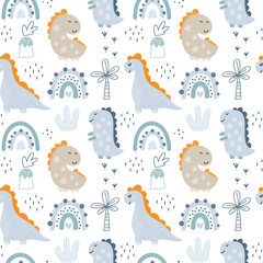 Vector childish seamless pattern with hand drawn dino in scandinavian style baby boy. Creative kids background for fabric, textile