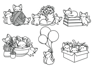 Set of playful cat. Collection of various cute kittens with balls, in a flower box, a skein of thread, etc. Pet lover. Vector illustration for holiday cards.