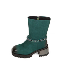 Woman's green leather warm winter boots over white background
