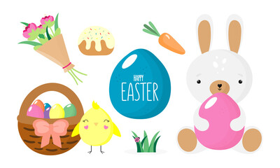 Obraz na płótnie Canvas Happy Easter Set with basket with eggs, chicken, flowers, grass, cake, Easter Bunny, carrot. Vector illustration. Easter Collection. Cartoon style.