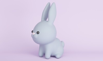 Cute gray rabbit on a lilac background. 3d rendering