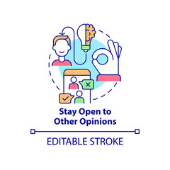 Stay open to other opinions concept icon. Business transparency abstract idea thin line illustration. Isolated outline drawing. Editable stroke. Roboto-Medium, Myriad Pro-Bold fonts used