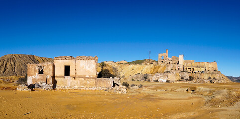 panorama view of abandoned buildings and mines in Mazarron in southern Spain