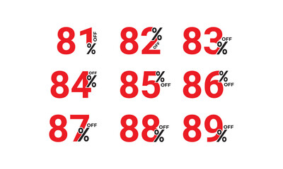 Discount sale off tag, 81, 82, 83, 84, 85, 86, 87, 88 and 89 percent off. Sale tags set vector badges template. Sale offer price sign. Special offer symbol. Discount promotion. Vector illustration
