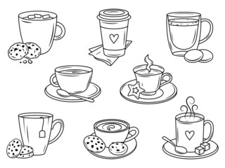 Set of cups of coffee. Collection of stylized coffee cups with heart. Vector illustration of hot drinks. Logotype for coffee house.