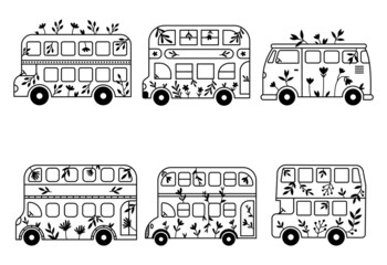 Set of flower different bus. Collection of floral transport english bus, hippie vintage bus, etc. Cute transport. Vintage auto with flower. Spring design for card. Vector illustration on white backgro