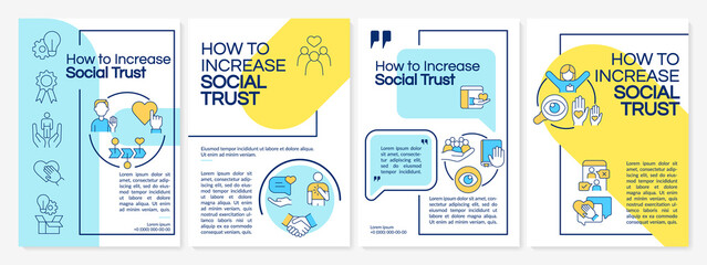 Fototapeta na wymiar Increase social trust blue and yellow brochure template. Booklet print design with linear icons. Vector layouts for presentation, annual reports, ads. Questrial-Regular, Lato-Regular fonts used
