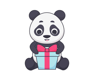 Vector illustration of a cute panda with a gift. Funny bear in cartoon style. Isolated on white background. Opens a gift
