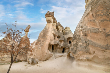 Fairy chimneys rock formations near Goreme, Cappadocia, Turkey. - obrazy, fototapety, plakaty