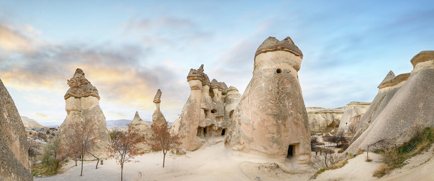 Fairy chimneys rock formations near Goreme, Cappadocia, Turkey.