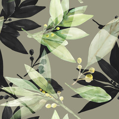 Pattern seamless Tree laurel.Watercolor illustration.Image on white and colored background