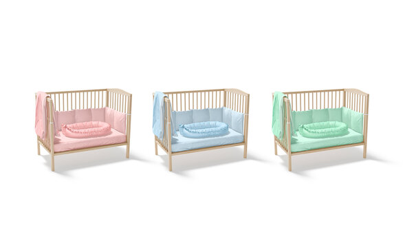 Blank wood cot with colored crib sheet and nest mockup