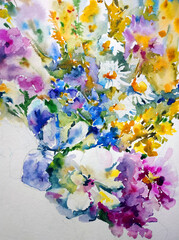 Abstract bright colored decorative background . Floral pattern handmade . Beautiful tender romantic bouquet of summer wildflowers , made in the technique of watercolors from nature.	
