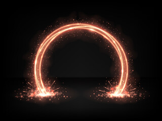 Neon shining round arch with bright flashes and sparks. Abstract Background with glowing light effect. Luminous electric arch with red color.