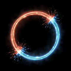 Blue and red light effect circle with bright flashes. Abstract luminous background.