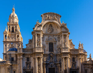 Obraz premium close up view of the historic cathedral in Murcia under a cloudless blue sky