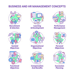 HR and business management concept icons set. Human resource department duties idea thin line color illustrations. Isolated outline drawings. Editable stroke. Roboto-Medium, Myriad Pro-Bold fonts used