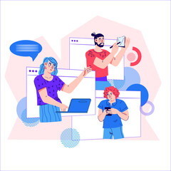 Online business communication and team video conference. Group meeting and video call of colleagues, flat vector illustration isolated white background
