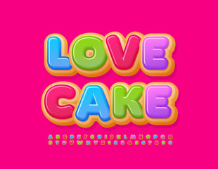 Vector delicious card Love Cake with colorful glazed Font. Sweet donut Alphabet Letters and Numbers set