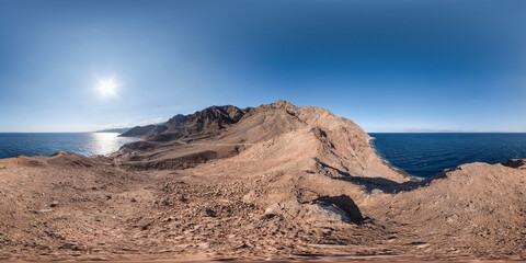 360 hdr panorama view from the height of mountains range to blue sea in sunny hot day in seamless...