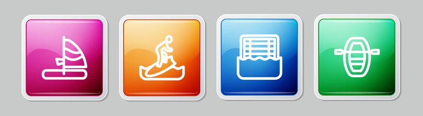 Set line Windsurfing, Surfboard, Water polo and Boat with oars. Colorful square button. Vector