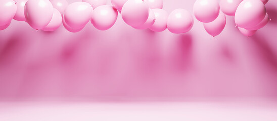 Pink party balloons fly on pastel studio background. Valentines day, wedding, birthday, anniversary, baby shower celebration creative decor. © hitdelight
