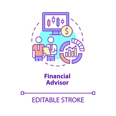 Financial advisor concept icon. Business management careers abstract idea thin line illustration. Isolated outline drawing. Editable stroke. Roboto-Medium, Myriad Pro-Bold fonts used