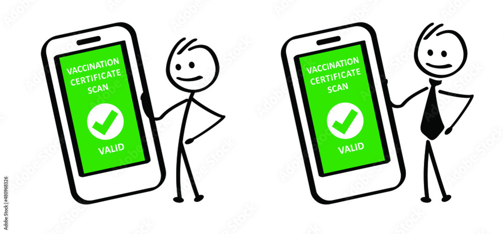 Sticker Cartoon stickman figure with health, vaccine passport, vaccination certificate on mobile phone screen. valid, green or not valid red. security stick man concept