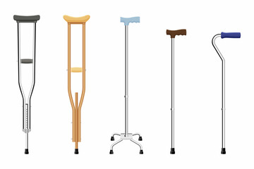 Set of walking sticks and crutches. Telescopic metal canes, wooden cane, cane with additional support, telescopic crutch, wooden crutch. Medical devices. Vector flat illustration