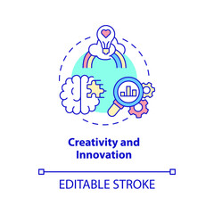 Creativity and innovation concept icon. Business management skills abstract idea thin line illustration. Isolated outline drawing. Editable stroke. Roboto-Medium, Myriad Pro-Bold fonts used