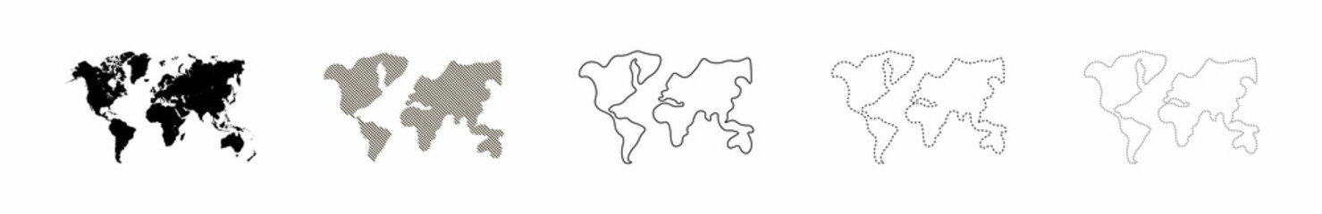 Set of vector world maps in different style. World maps in totech, line style. Vector illustration.