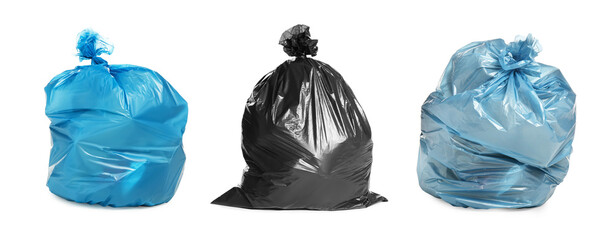Set with trash bags filled with garbage on white background. Banner design - obrazy, fototapety, plakaty