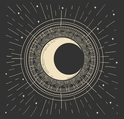 Mystical boho card with shining golden crescent moon on the night sky, vintage design. Vector lineart illustration, poster on a black background. © Salomi art