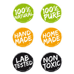 Symbols with text 100% natural, handmade, lab tested and other ecological icons for food or healthy products.