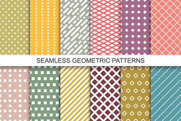 Collection of bright colorful seamless geometric patterns. Minimal endless textures. Delicate unusual backgrounds