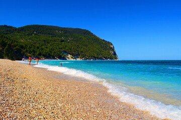 landscape of the San Michele beach and the Sassi Neri in Sirolo in Ancona on the Conero Riviera, Marche Italy