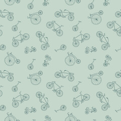 Vector green seamless pattern with bicycles. Green endless creative background in doodle style