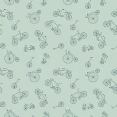 Fotobehang Groen Vector groen naadloos patroon met fietsen. Groene eindeloze creatieve achtergrond in doodle-stijl