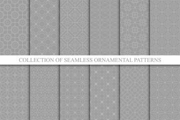 Collection of vector gray seamless geometric ornamental patterns - oriental backgrounds. Monochrome repeatable prints
