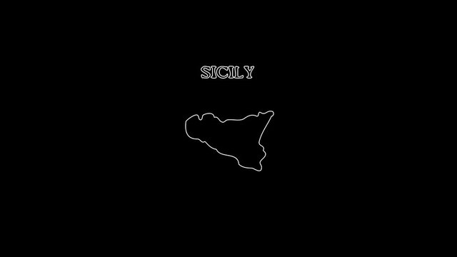 white linear Sicily silhouette. the picture appears and disappears on a black background.